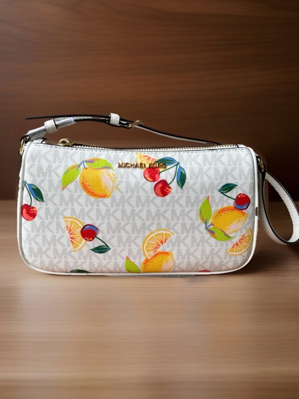 Michael Kors Jet Set Fruit Motif MD Pouchette Optic White Multi Nwt